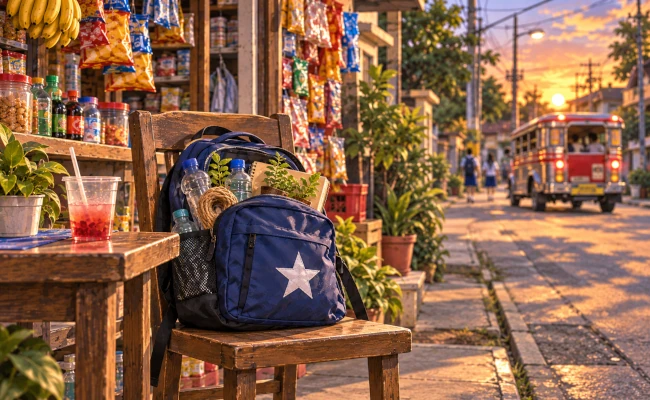 Angel's backpack left on a chair at the sari-sari store in the Philippines