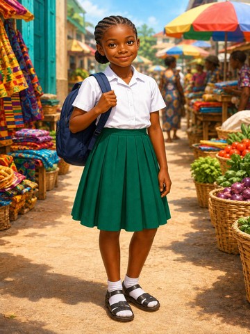 Eleven-year-old Abena in her school uniform standing in a colorful morning market.