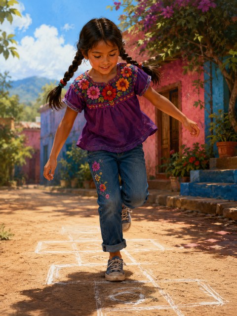 Abigail hopping on one foot over a hopscotch grid in Mexico.