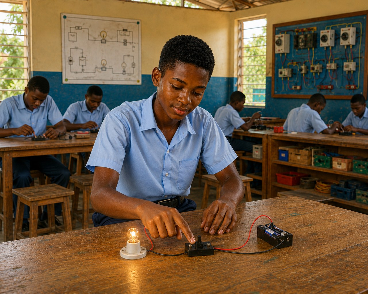 Kofi completing a simple electrical circuit at a workbench as the bulb lights in his school workshop.