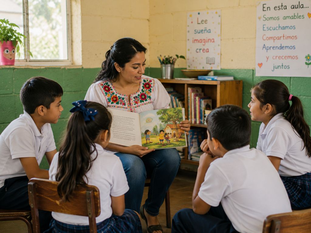 A teacher reading an illustrated storybook with a small circle of children.