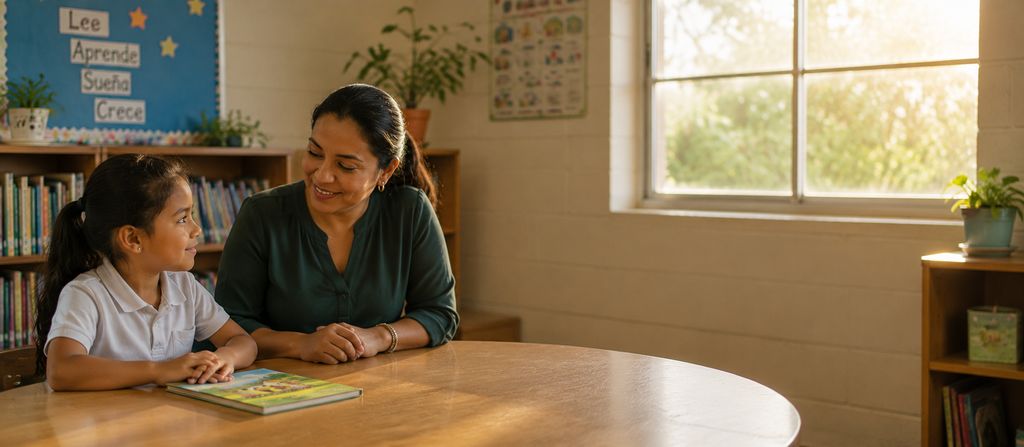 A teacher and child sharing a quiet moment of encouragement after reading.