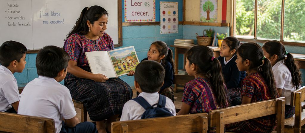 A teacher reading aloud to a larger group of children in a classroom.