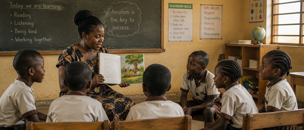 A teacher leading a calm reading session with children gathered together.